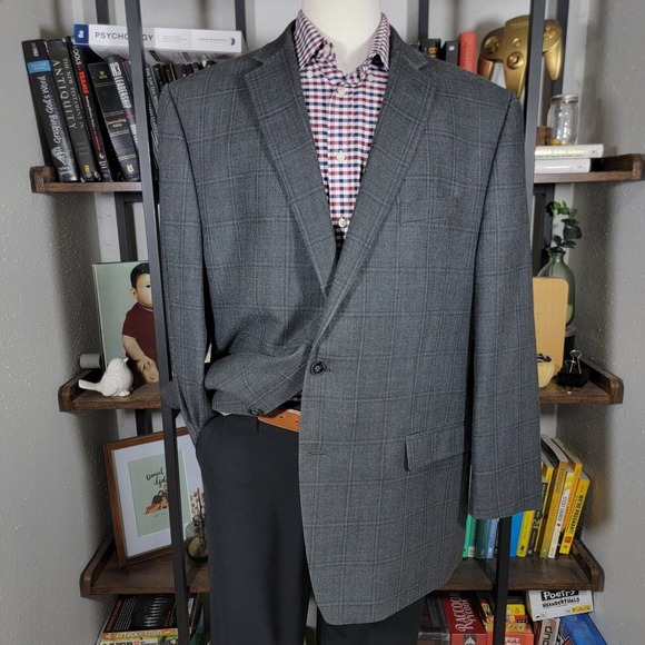 Calvin Klein Mens Sport Coat Blazer Two Button Charcoal Gray Plaid Silk Wool 48L
